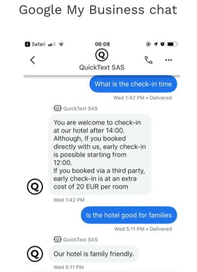 Mobile-first for hotels - Google My Business chat Quicktext
