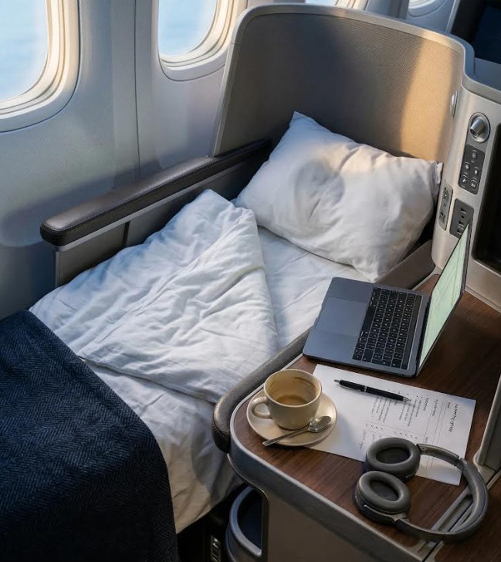 Close-up of a business class seat with bedding, laptop and coffee, emphasizing rest and productivity on long-haul travel.