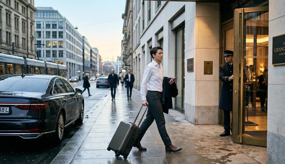 Business traveler arriving refreshed at a city hotel entrance in early morning light before meetings.