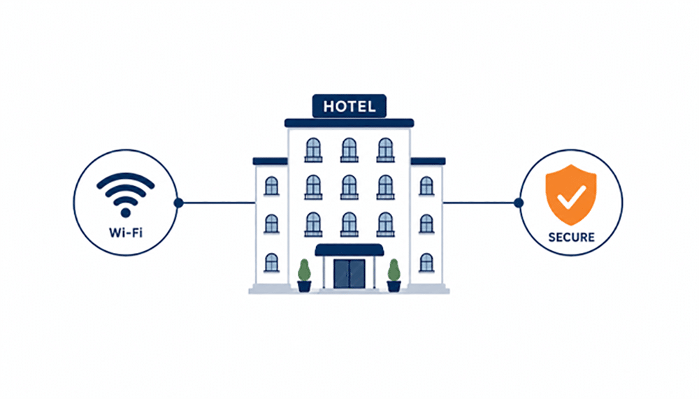 Flat diagram connecting a hotel icon to Wi-Fi and security shield symbols